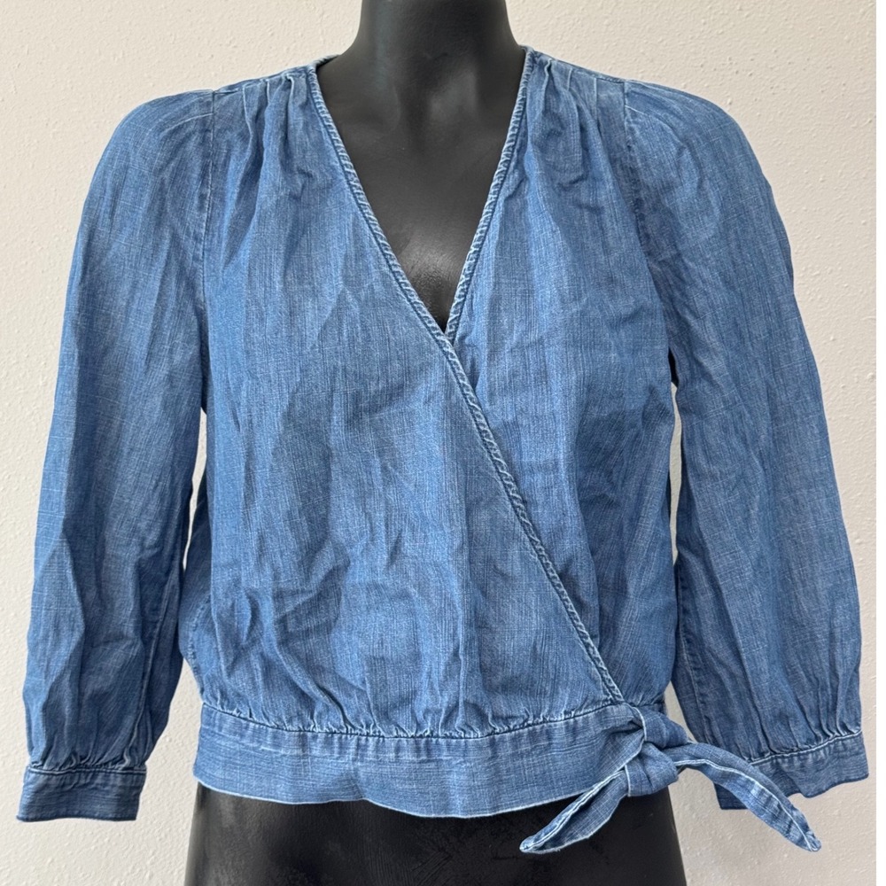 Madewell Women's Chambray Wrap Top  Sz S Cotton Tie Waist Coquette Boho‎ Western